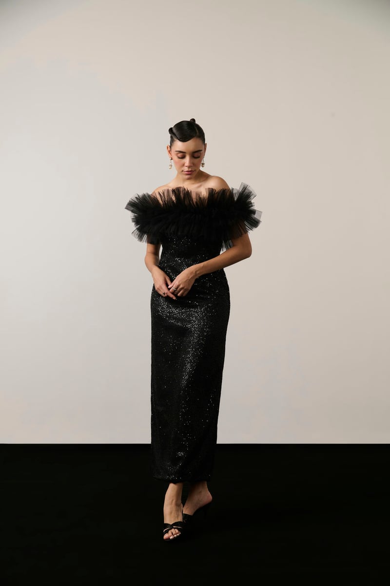 Black Sequin Off-Shoulder Ruffle Maxi Dress