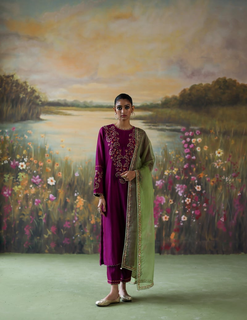 Aubergine Embroidered Straight Kurta Set with Dupatta