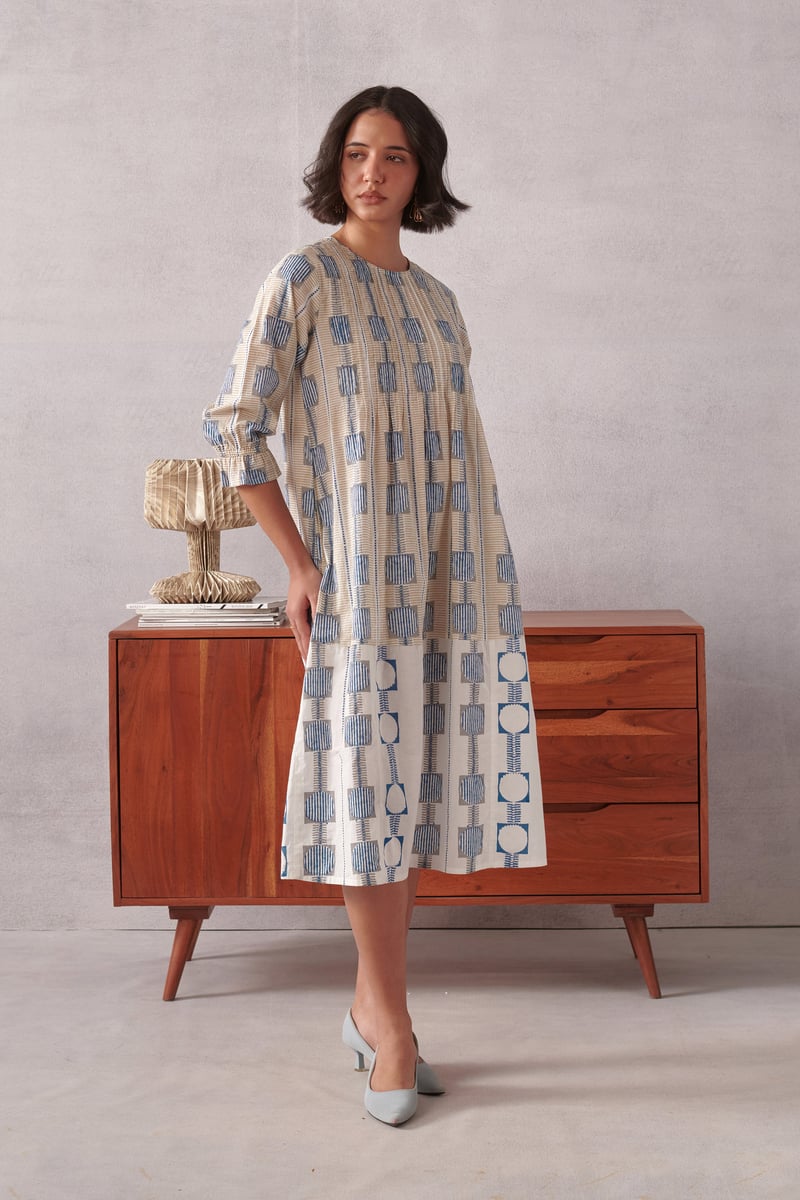 Beige/White Striped Geometric Pintuck Midi Dress