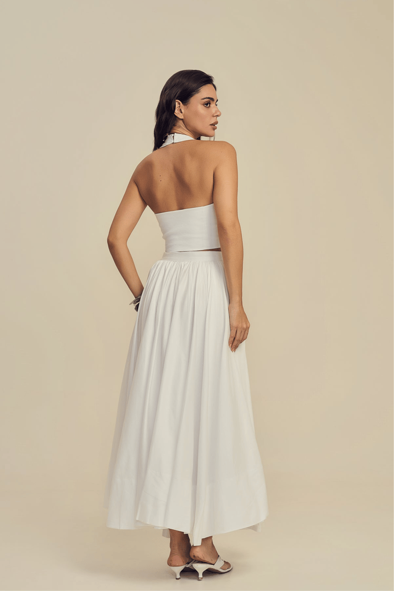 White Cotton Circular Flare Maxi Skirt with Side Zip