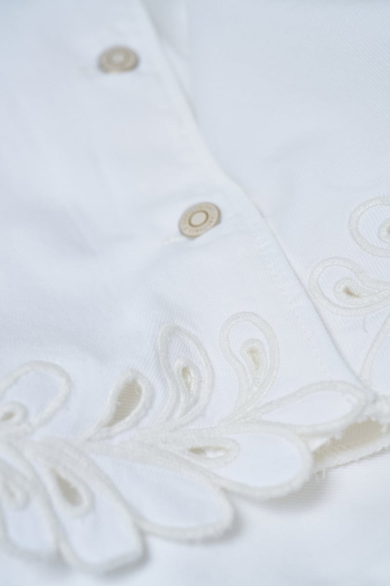 White Cropped Button-Front Jacket with Cutwork Hem