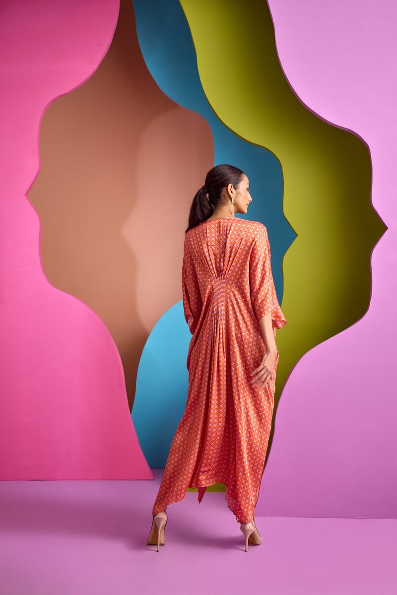 Orange Printed Maxi Kaftan with V-Neck and Pockets