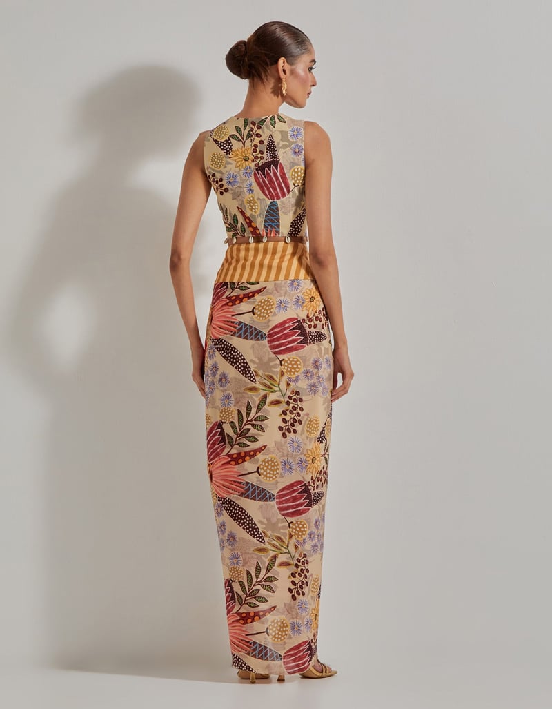 Beige Printed Waistcoat and Draped Maxi Skirt Co-ord