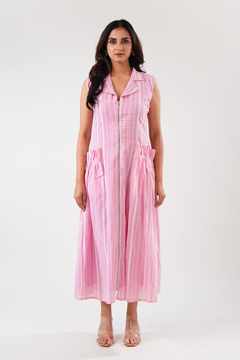 Pink Striped Zip-Front Midi Dress with Lapel Collar — 9899