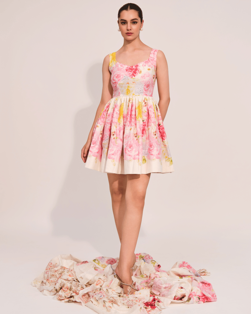 Apricot Floral Linen Fit and Flare Mini Dress