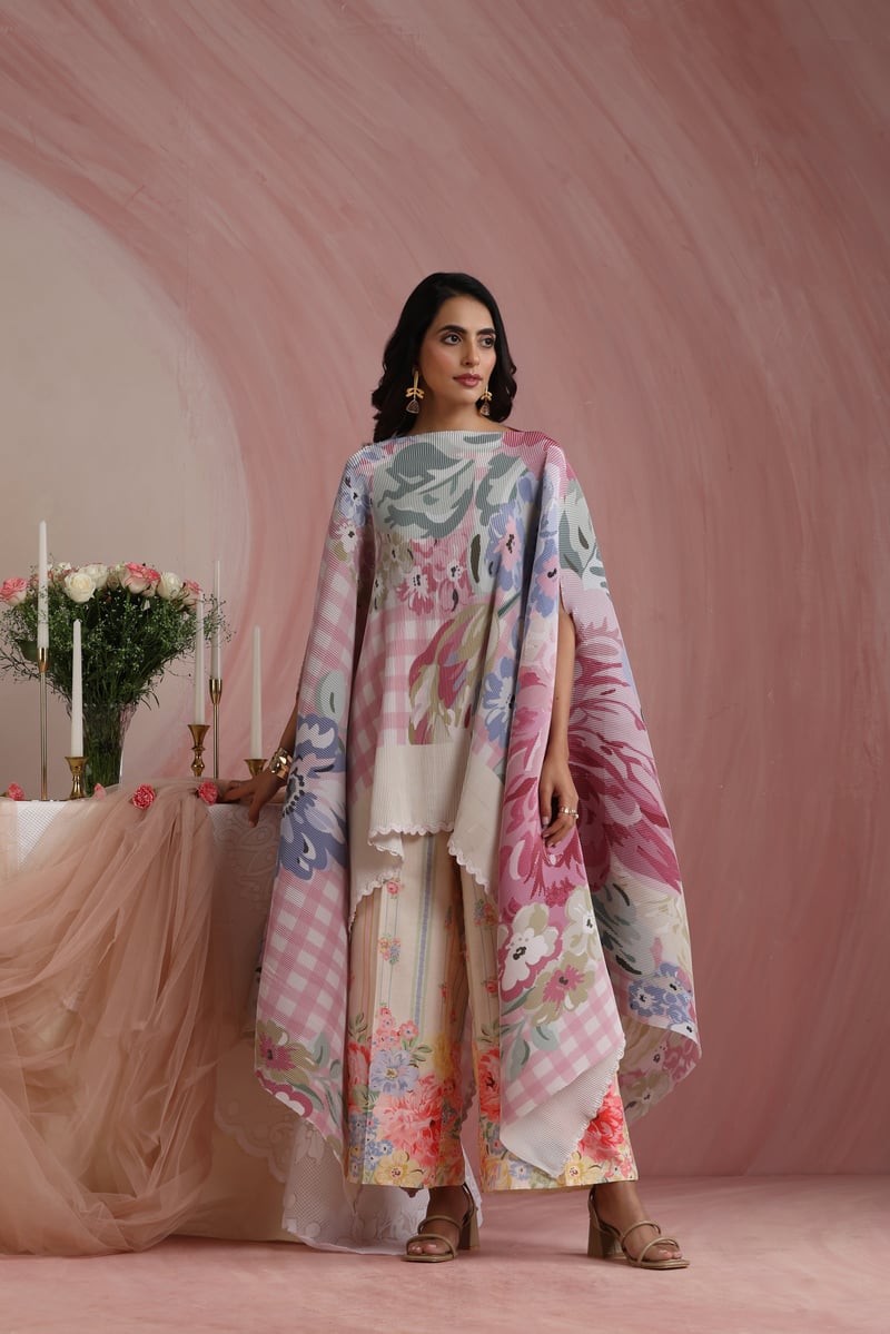 Rose Quartz Satin Floral Check Printed Pleated Cape