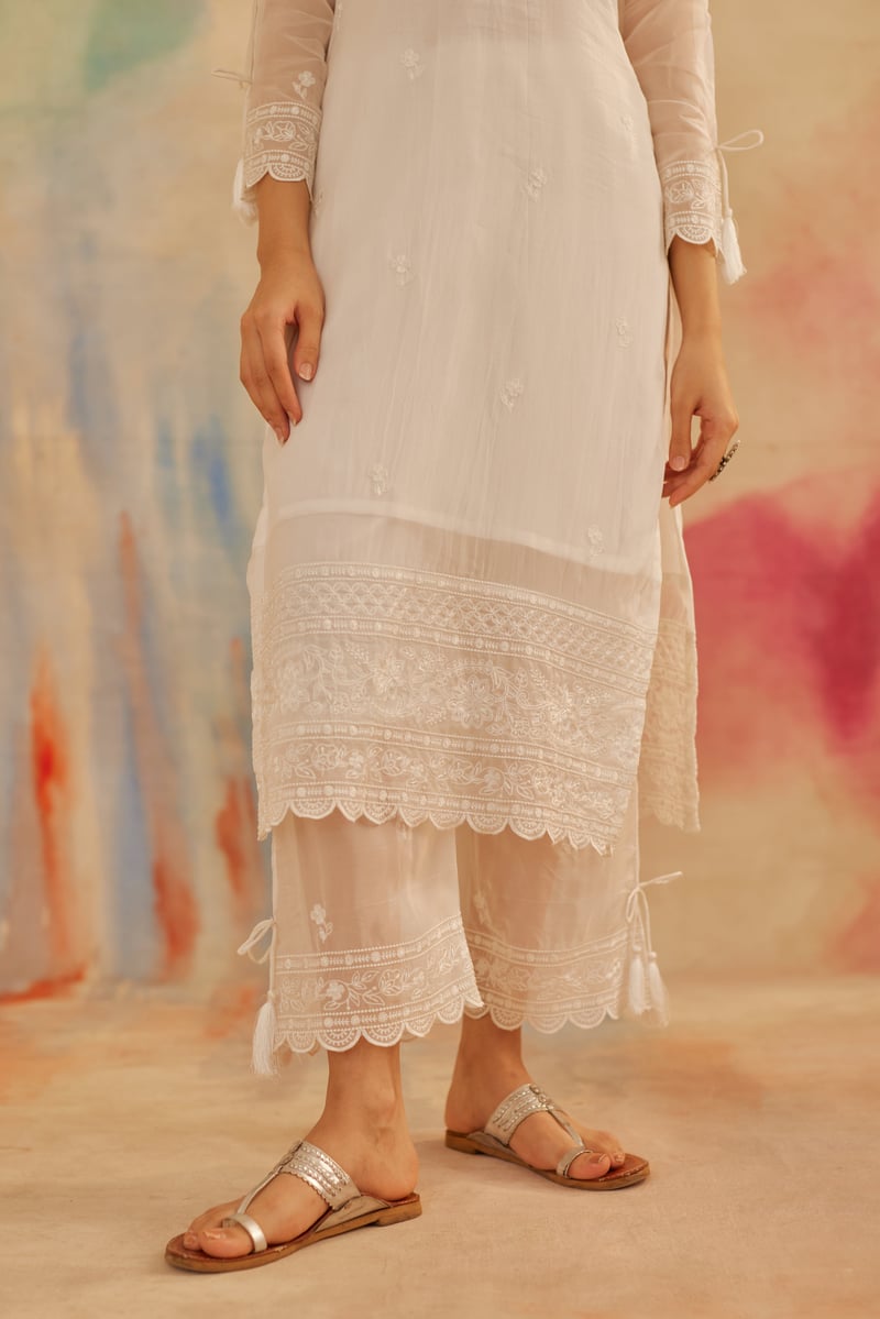 Ivory White Organza Embroidered Straight Suit Set