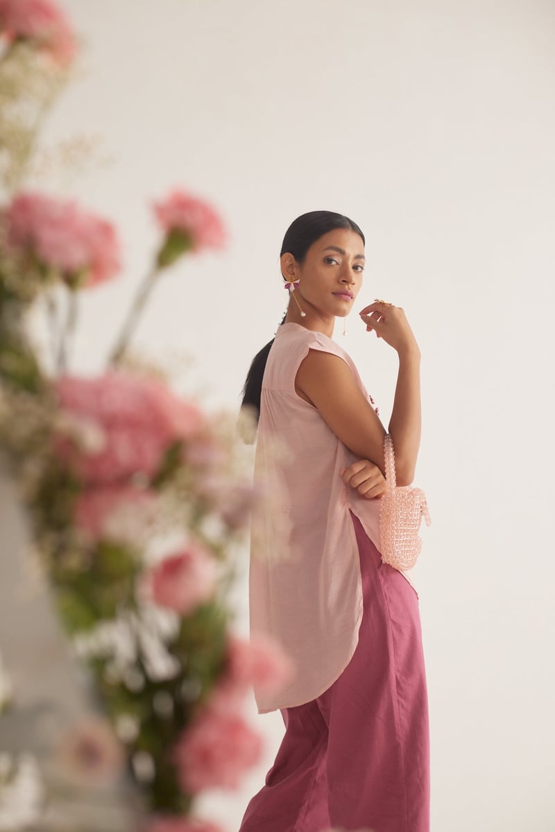 Peach Sheer Voile Top with Floral Embroidery