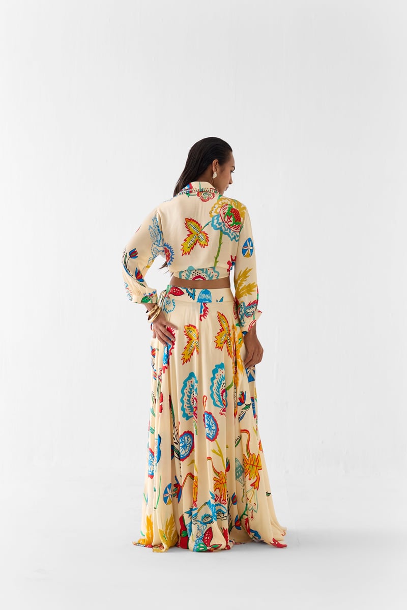 Cream Printed Crop Top and Maxi Skirt Co-ord Set