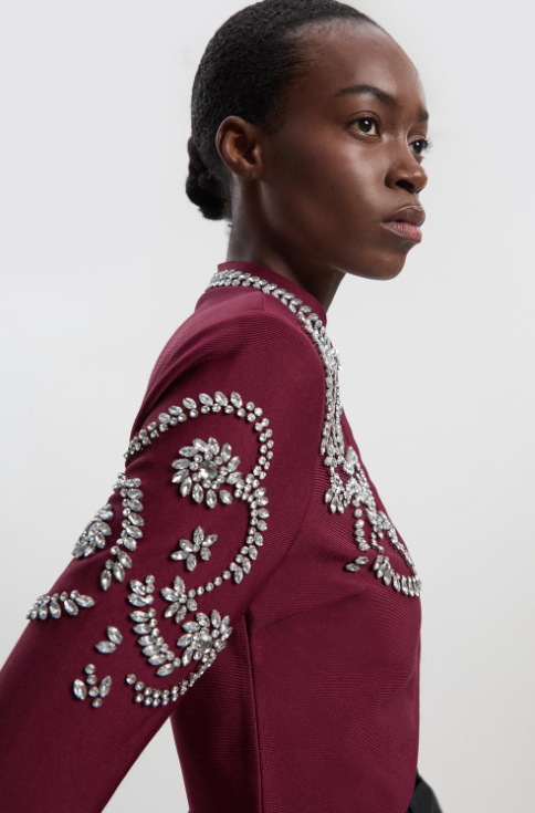 Burgundy Cropped Crystal-Embellished Knit Jacket