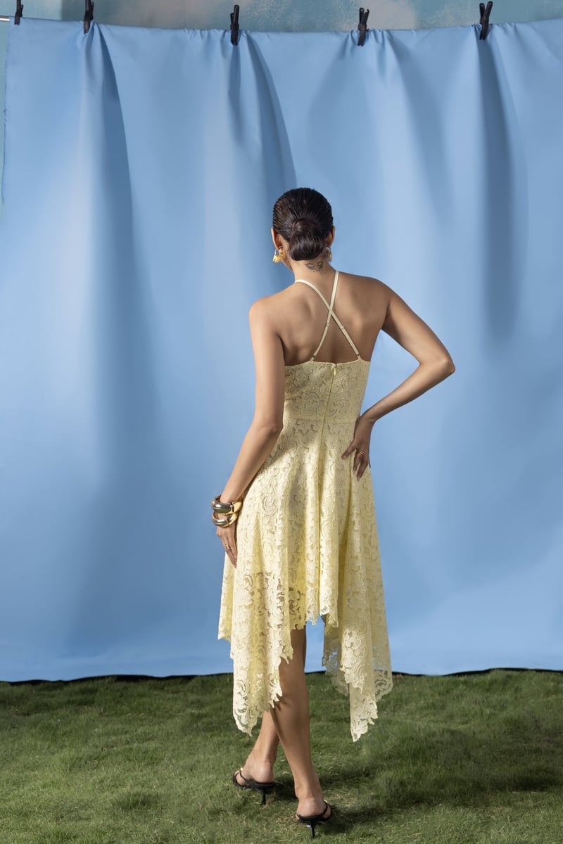 Butter Yellow Lace Halter Midi Dress with Asymmetrical Hem
