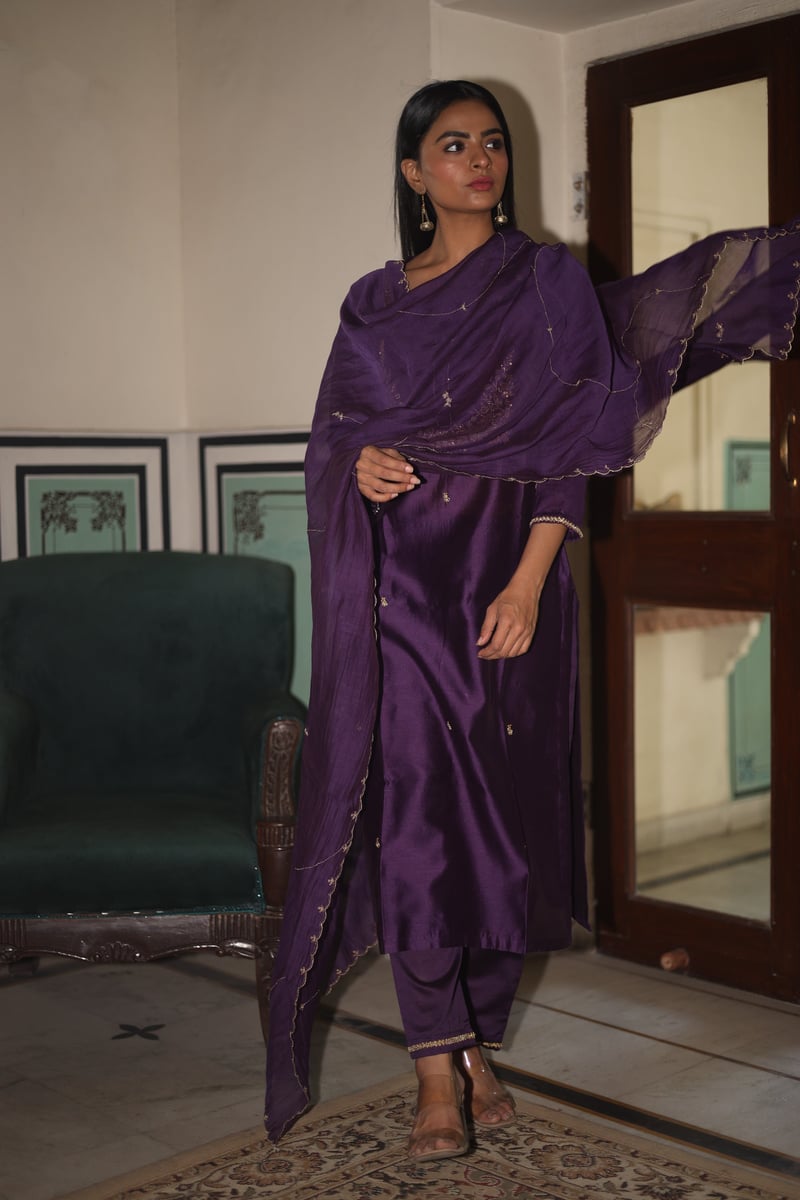 Purple Silk Chanderi Zardozi Kurta Set with Dupatta