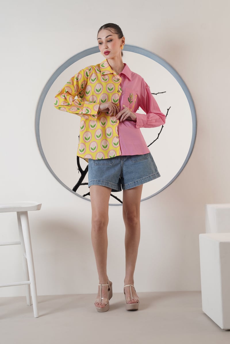 Yellow Pink Colorblock Floral Print Button-Down Shirt