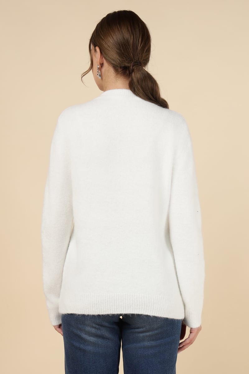 White Sequin Cat Motif Crewneck Pullover Sweater