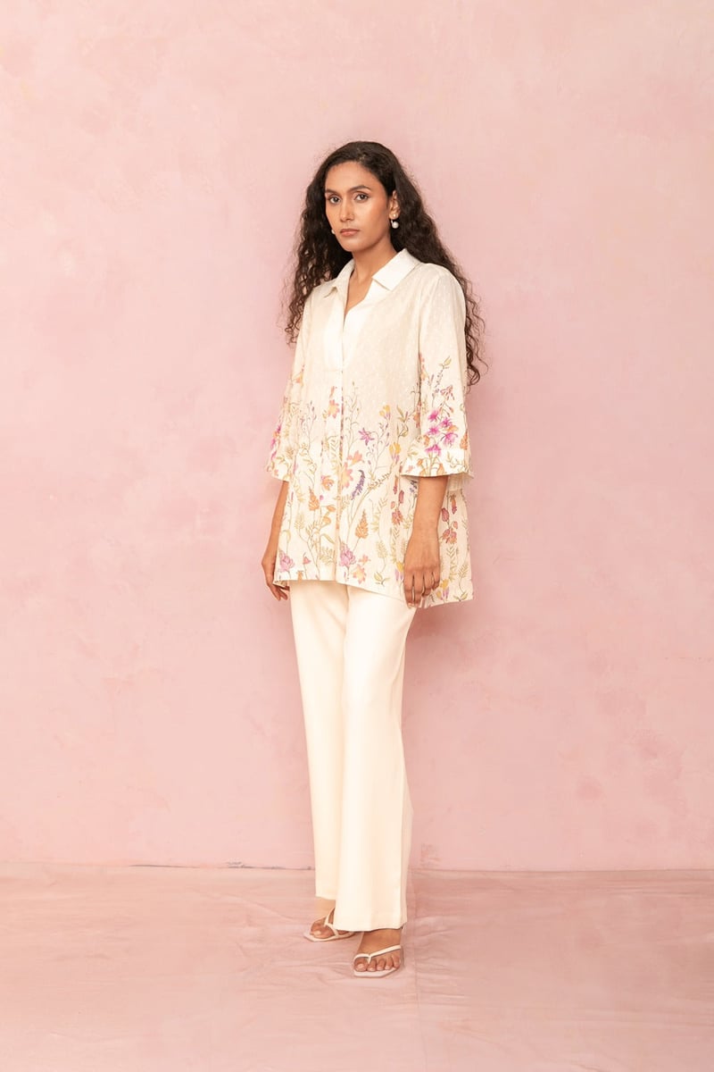 Multicolor Floral Placement Cream Cotton Dobby Shirt