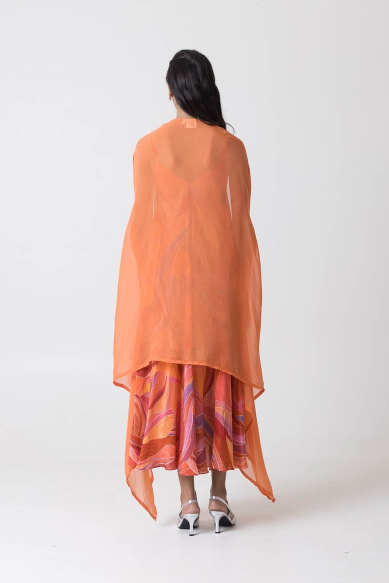 Orange Multicolor Printed Strappy A-Line Midi Dress Set