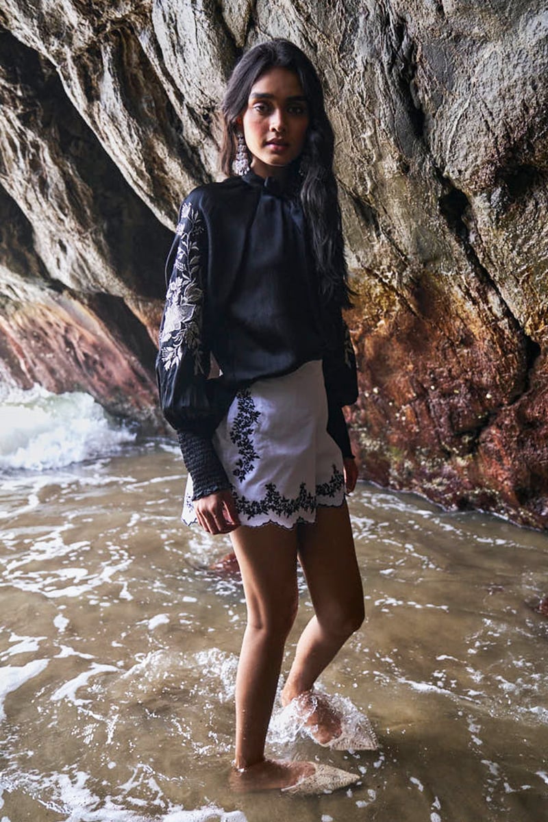 White Denim Shorts with Contrast Embroidered Scallop Hem