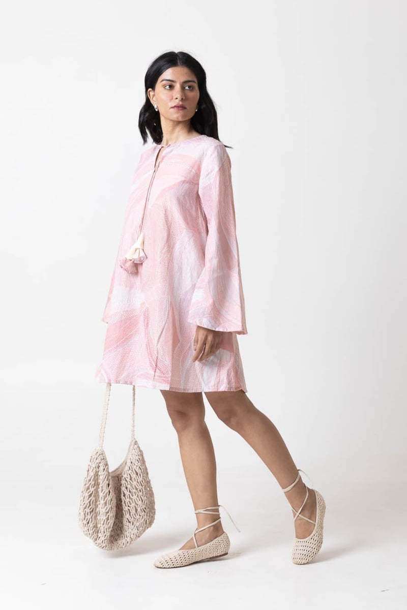 Pink/White Abstract Dot Print A-Line Mini Dress