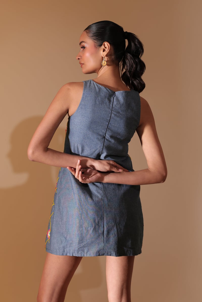 Blue Denim Embroidered Daisy Lattice Shift Mini Dress