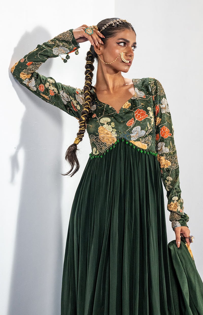 Green Anarkali Kurta Set with Embroidered Yoke and Dupatta