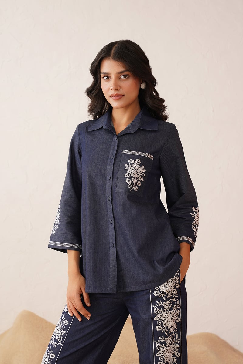 Blue Denim Cross-Stitch Embroidered Co-ord Set