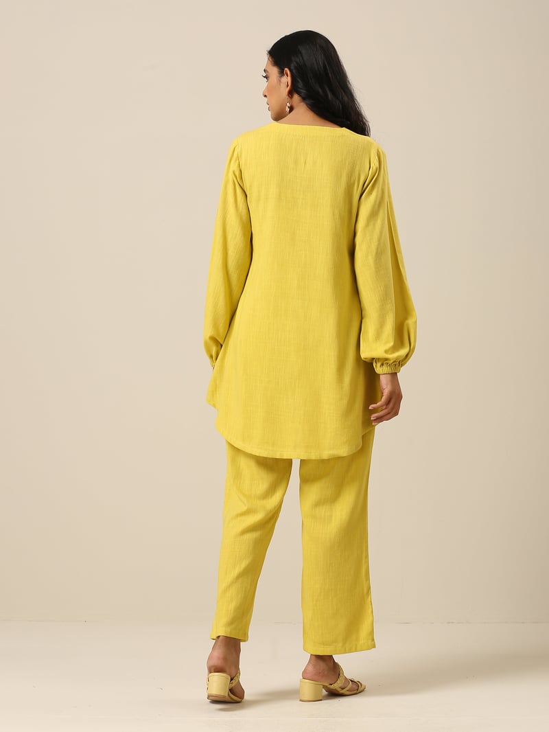 Lime Green Slub Textured Co-ord Set with V-Neck Top