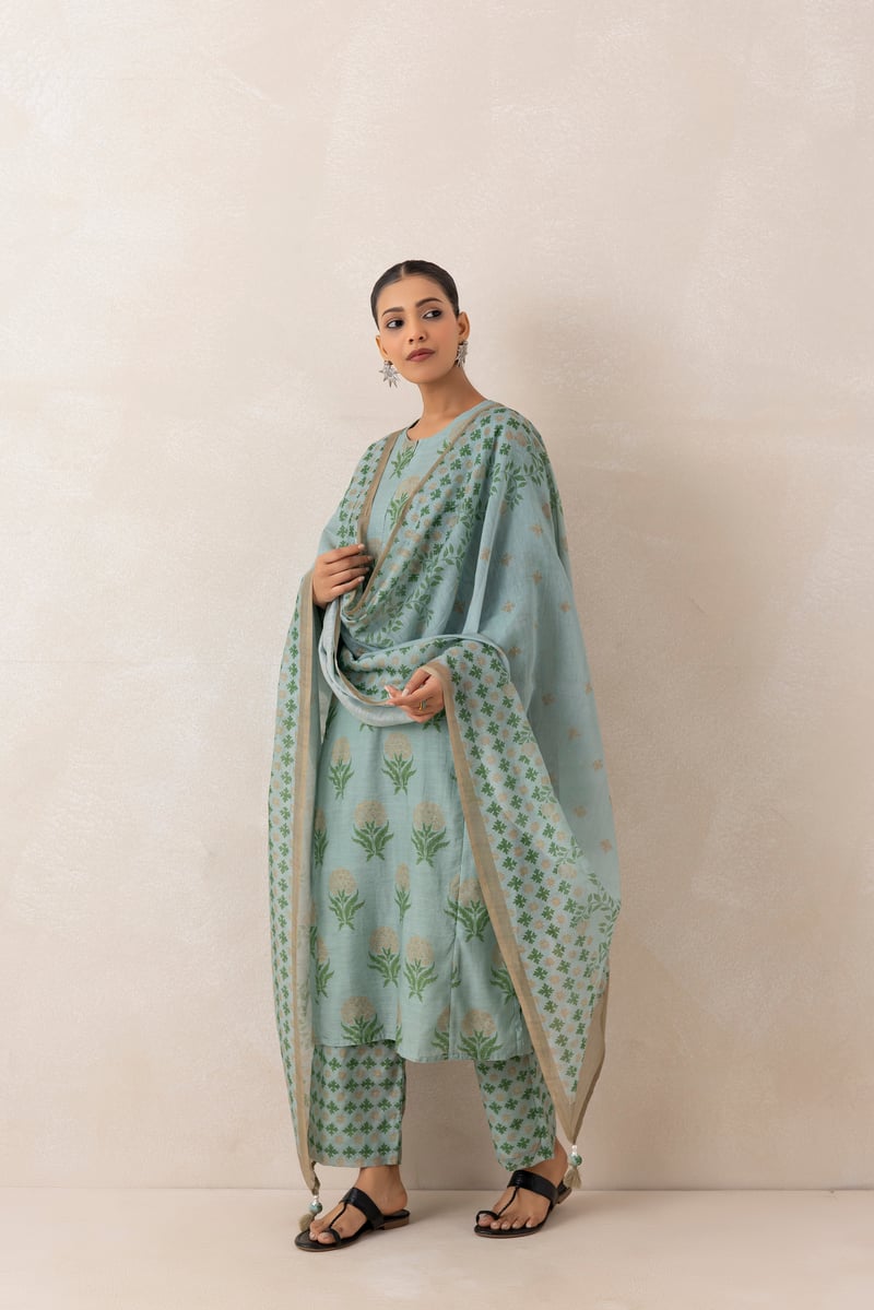 Blue and Beige Floral Print Straight Kurta Set with Dupatta