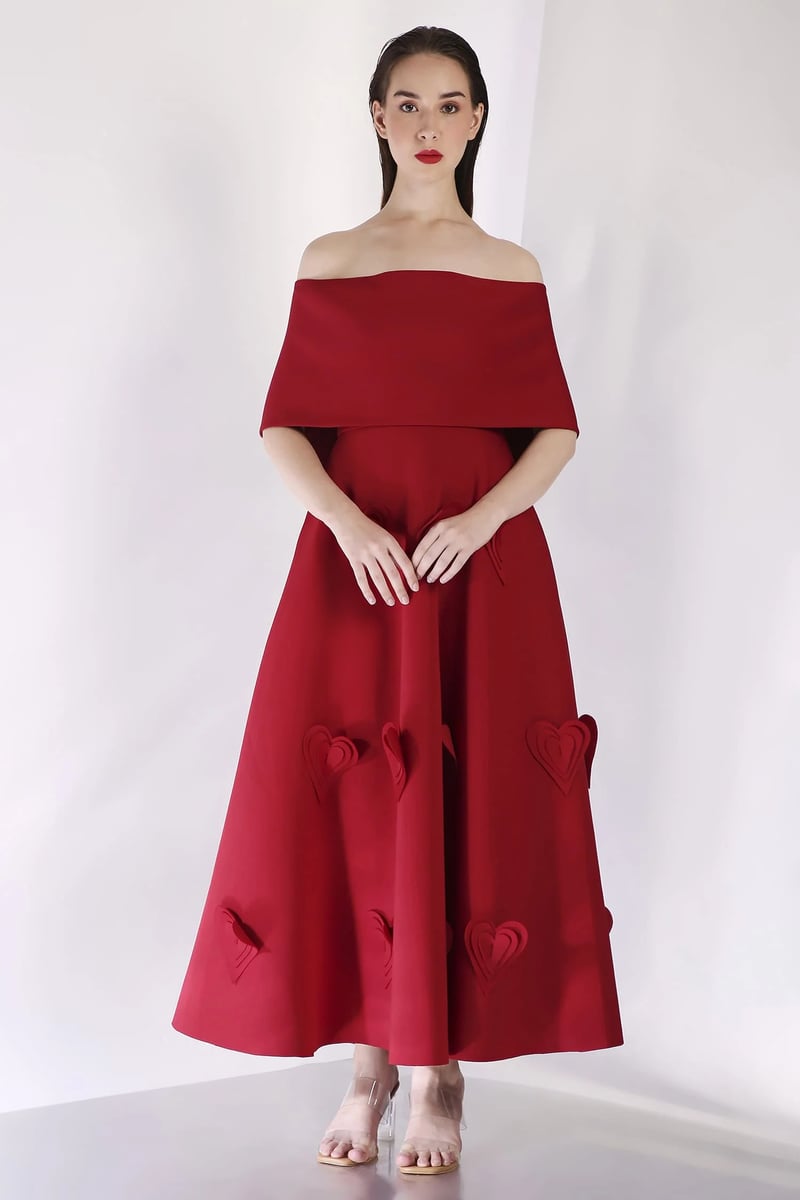 Red Fit and Flare Midi Dress with 3D Heart Applique — OZEQO