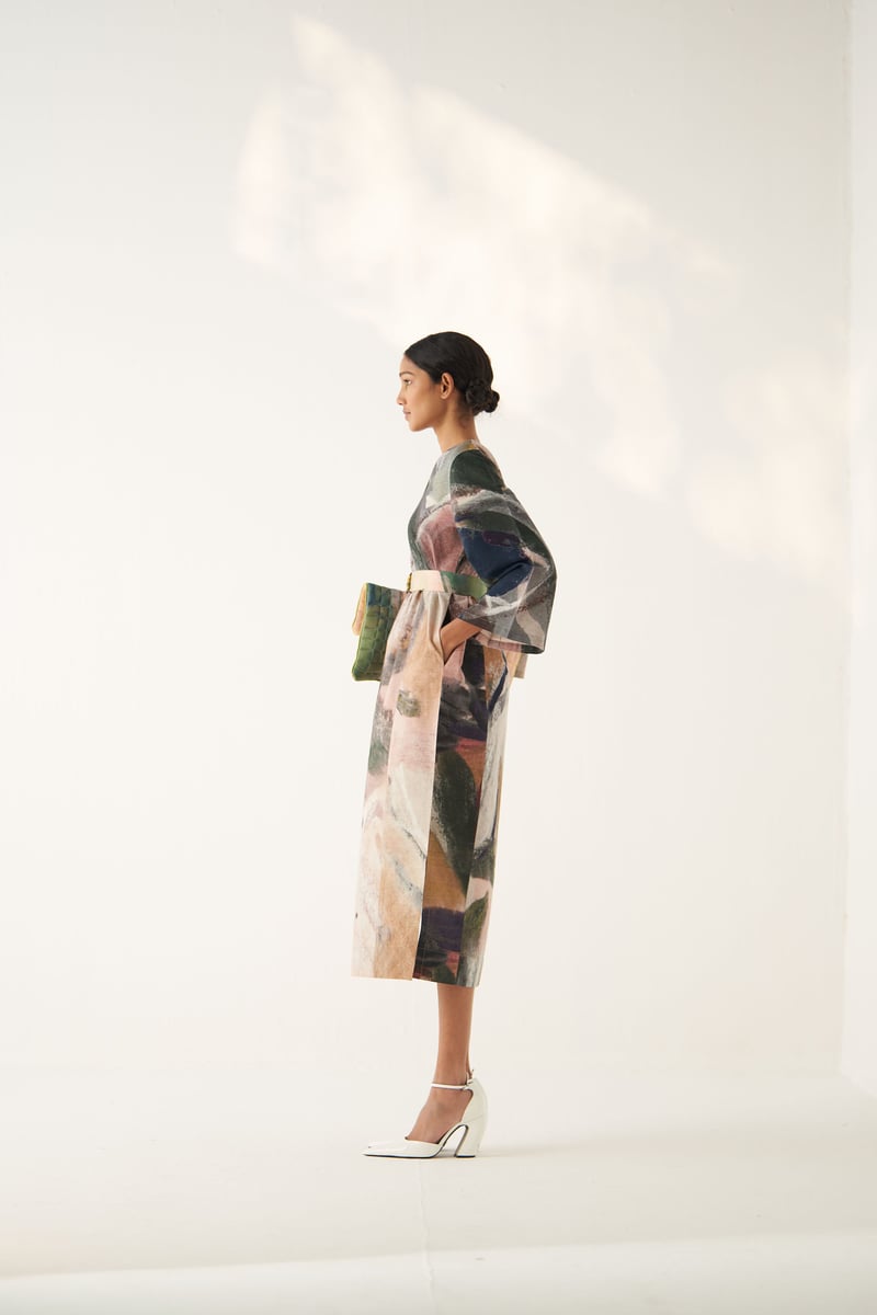 Multicolor Abstract Print Cotton Poplin Midi Dress