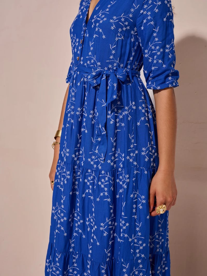 Blue Floral Print Belted Tiered Midi Shirt Dress