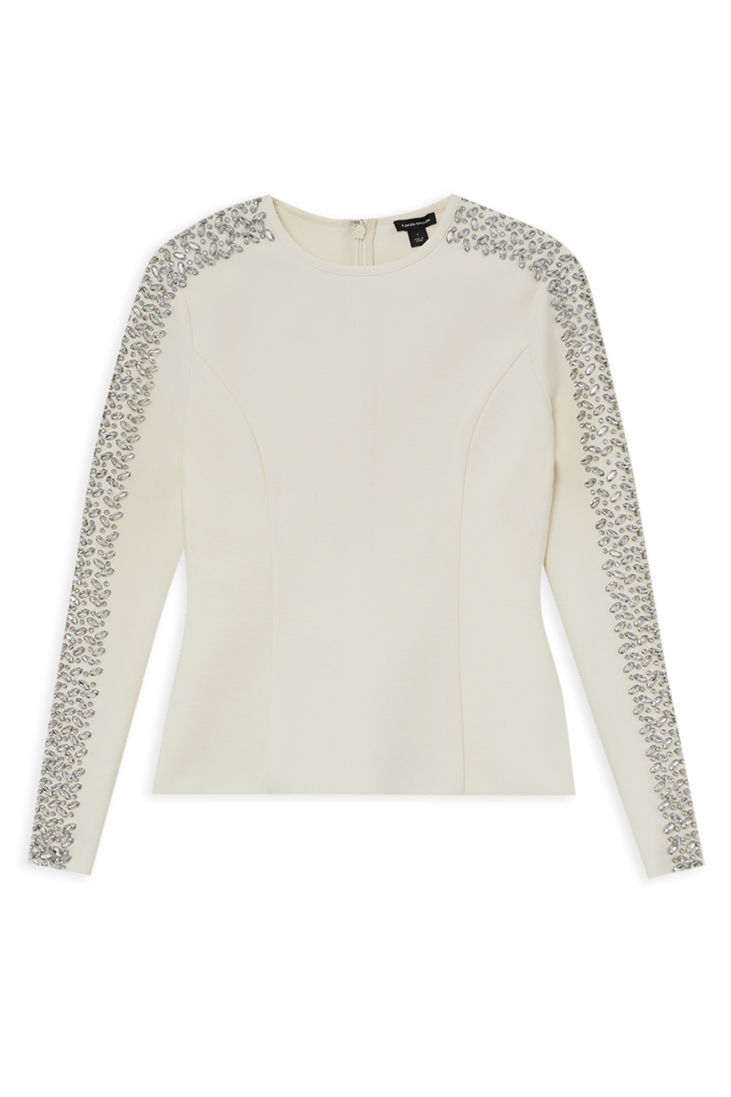 Cream Bandage Knit Crystal-Embellished Sleeve Top