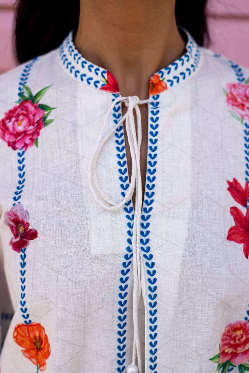 Cream Floral Printed Linen-Cotton Co-ord Set