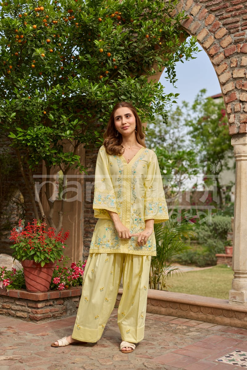 Yellow Cotton Embroidered Kurta Co-ord Set with Farshi Salwar
