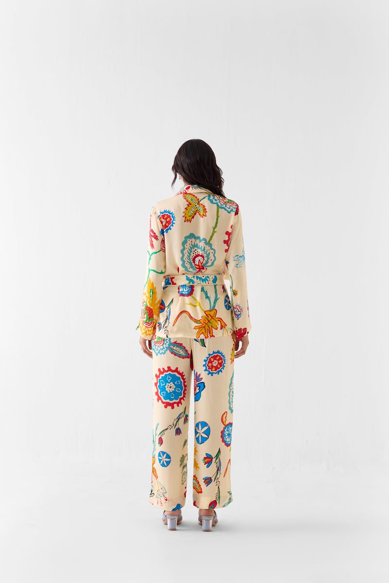 Cream Printed Blazer Shirt and Wide-Leg Trousers Co-ord Set