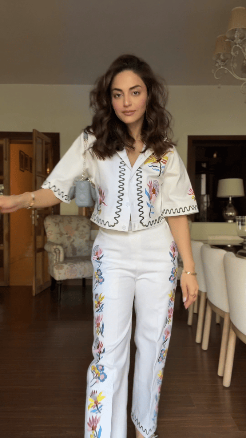 White Denim Embroidered Co-ord Set with Crop Jacket
