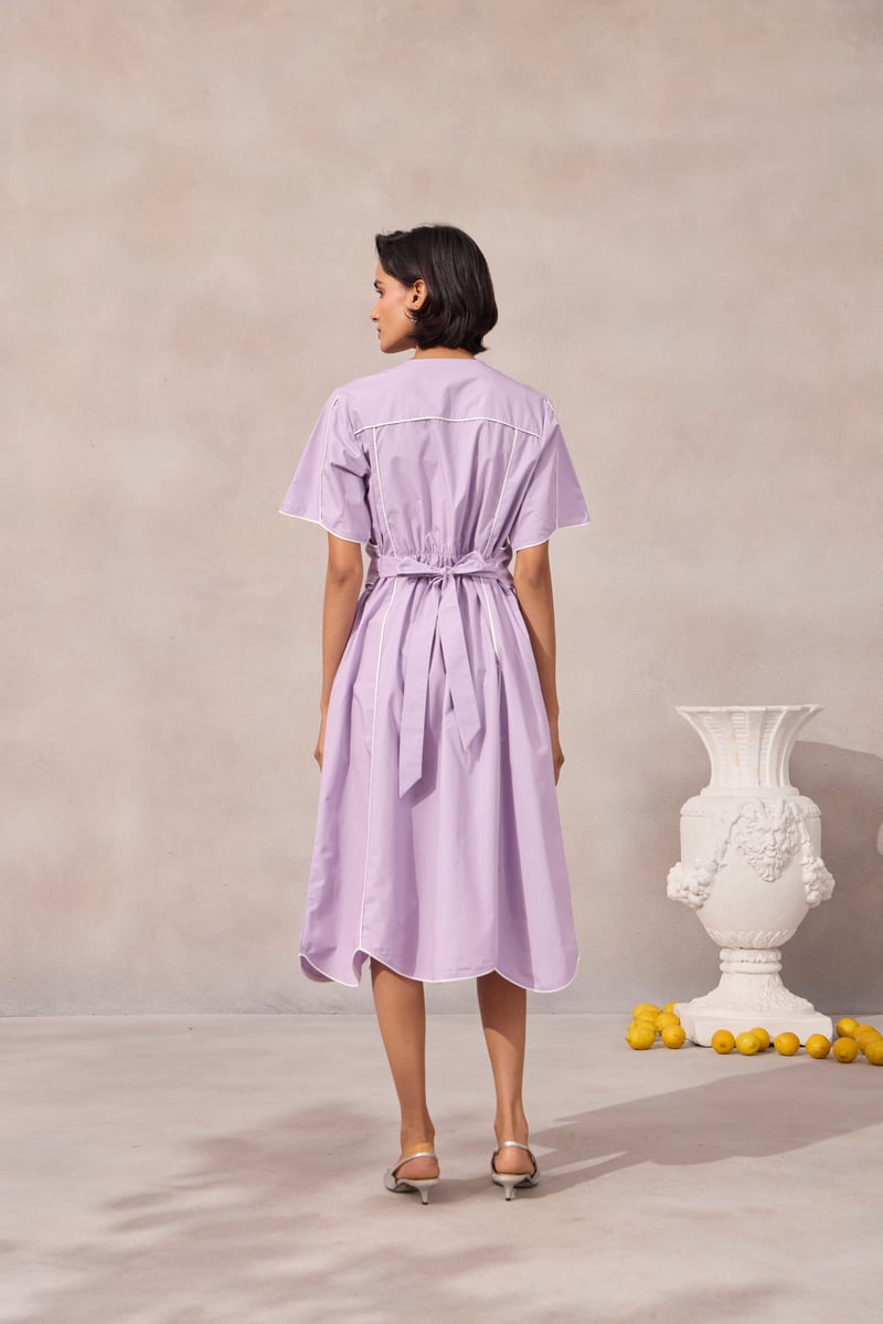 Sweet Lavender Fit and Flare Midi Dress with Piping