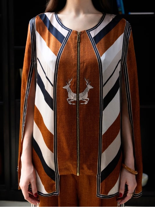 Tan Cupro Satin Printed Zip-Front Co-ord Set