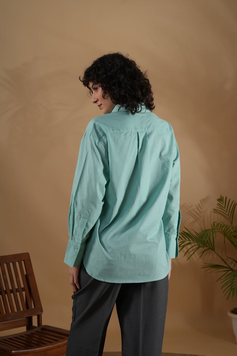 Mint Oversized Bug Embroidered Cotton Linen Shirt