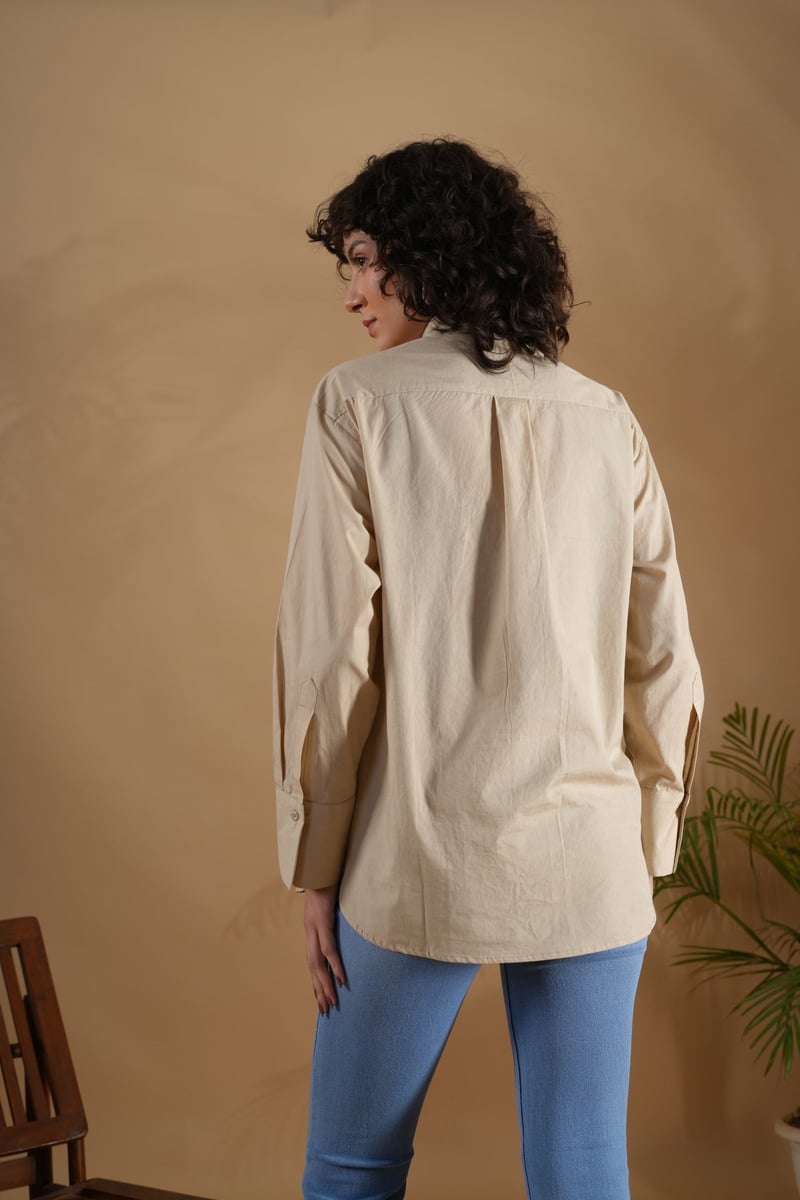 Beige Cotton Crab Embroidered Button-Down Shirt