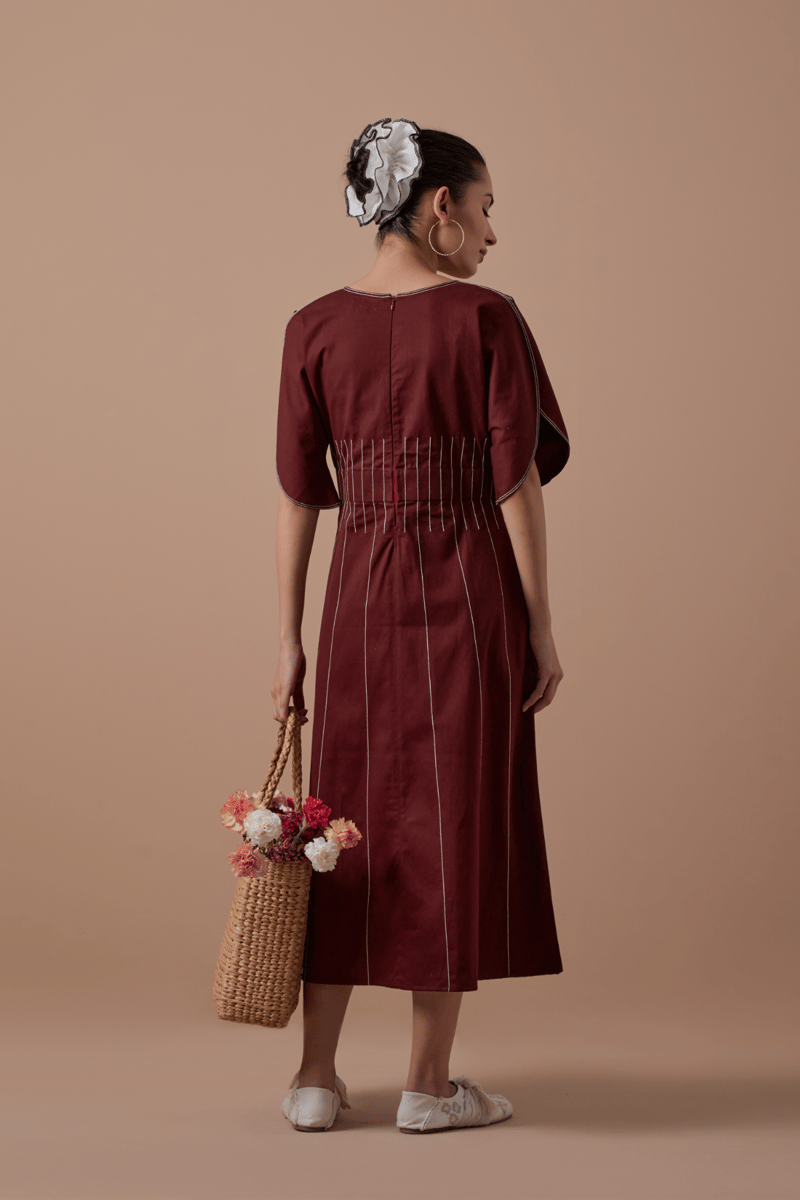 Maroon A-Line Midi Dress with Boat Neck