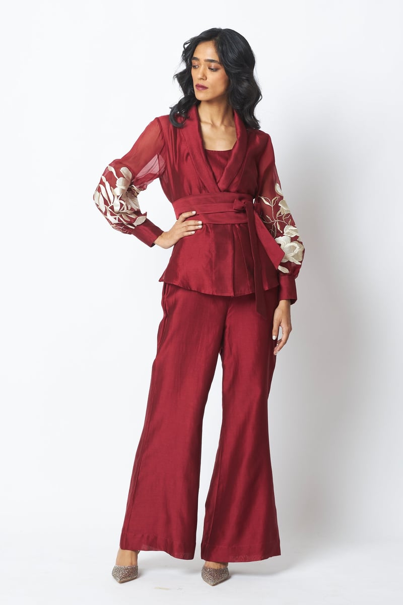 Burgundy Wrap Blazer Top and Wide-Leg Pants Co-ord Set