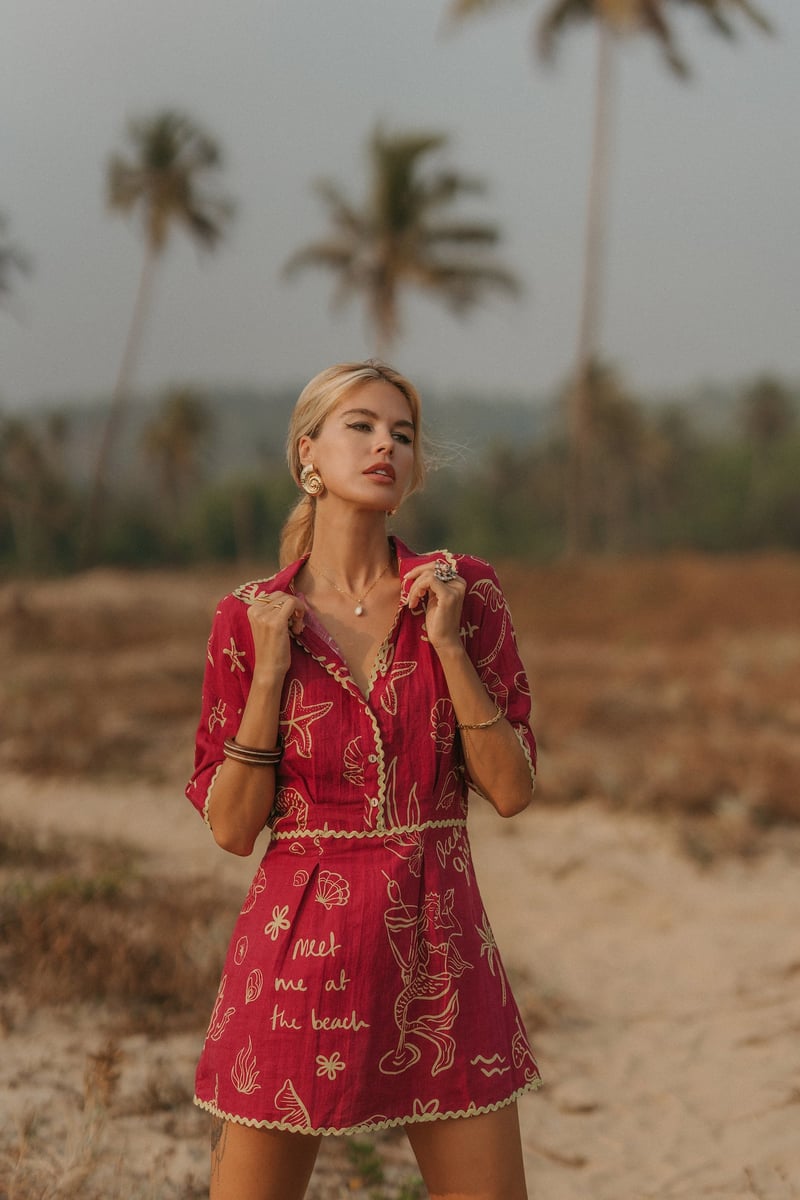 Red Printed Linen Button-Down Mini Shirt Dress
