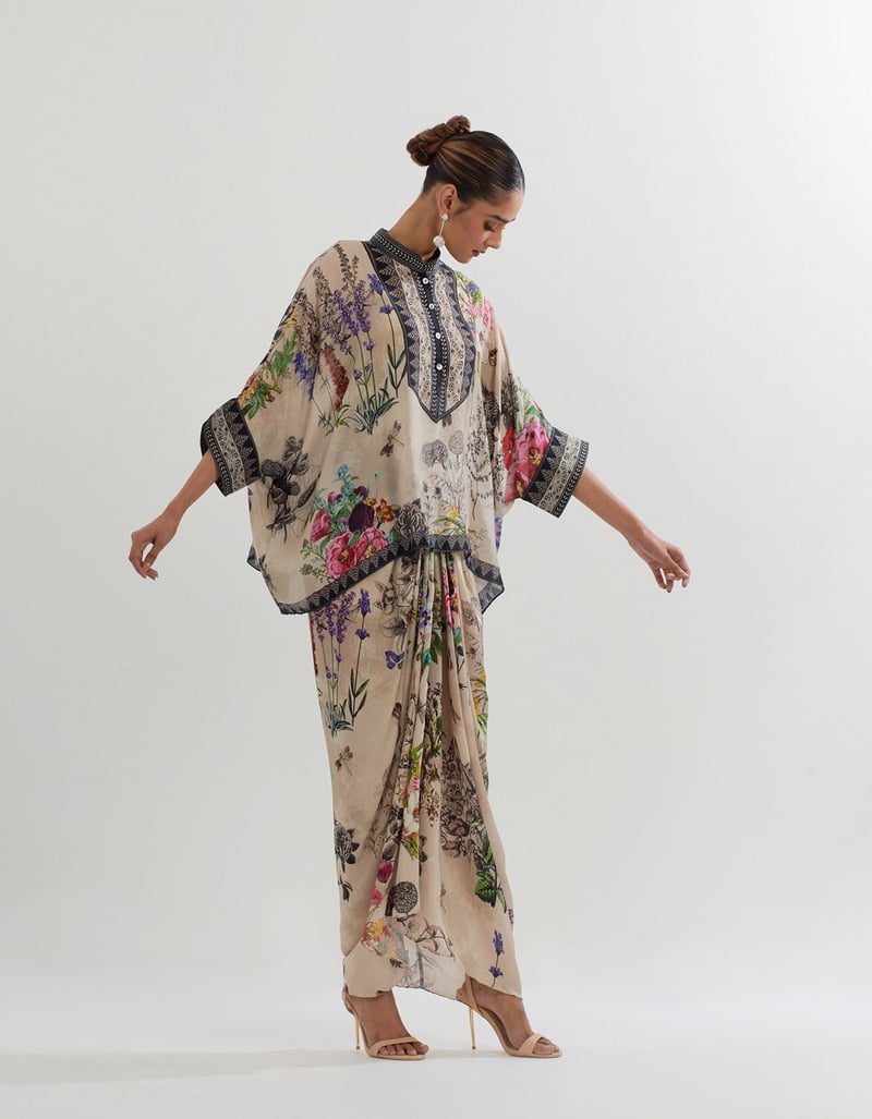 Multicolour Botanical Kaftan Top and Drape Skirt Set