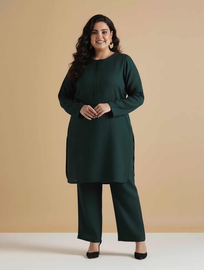 Dark Green Cotton Dobby Co-ord Set with Front Placket