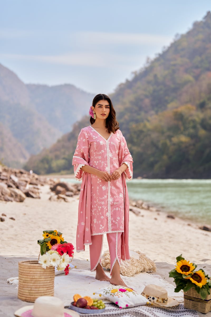 Pink Cotton Embroidered Kurta Set with Lace Trim