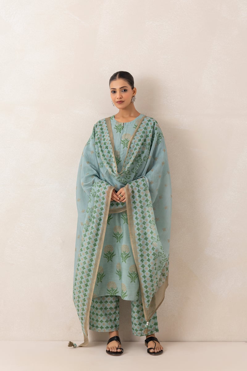 Blue and Beige Floral Print Straight Kurta Set with Dupatta