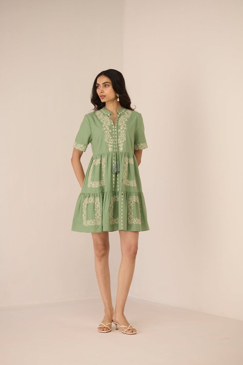 Epsom Green Embroidered Tiered Mini Dress — Calling June