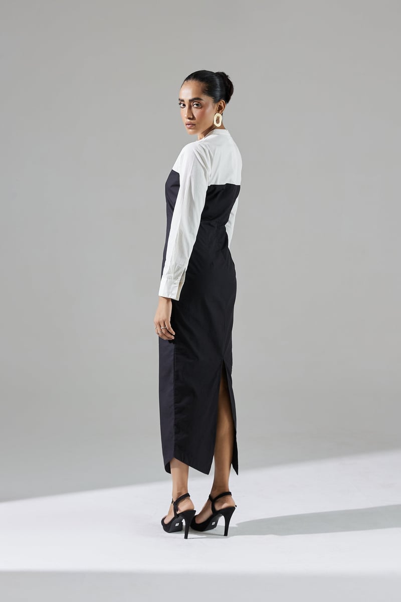 Black and White Colorblock Mandarin Collar Midi Dress