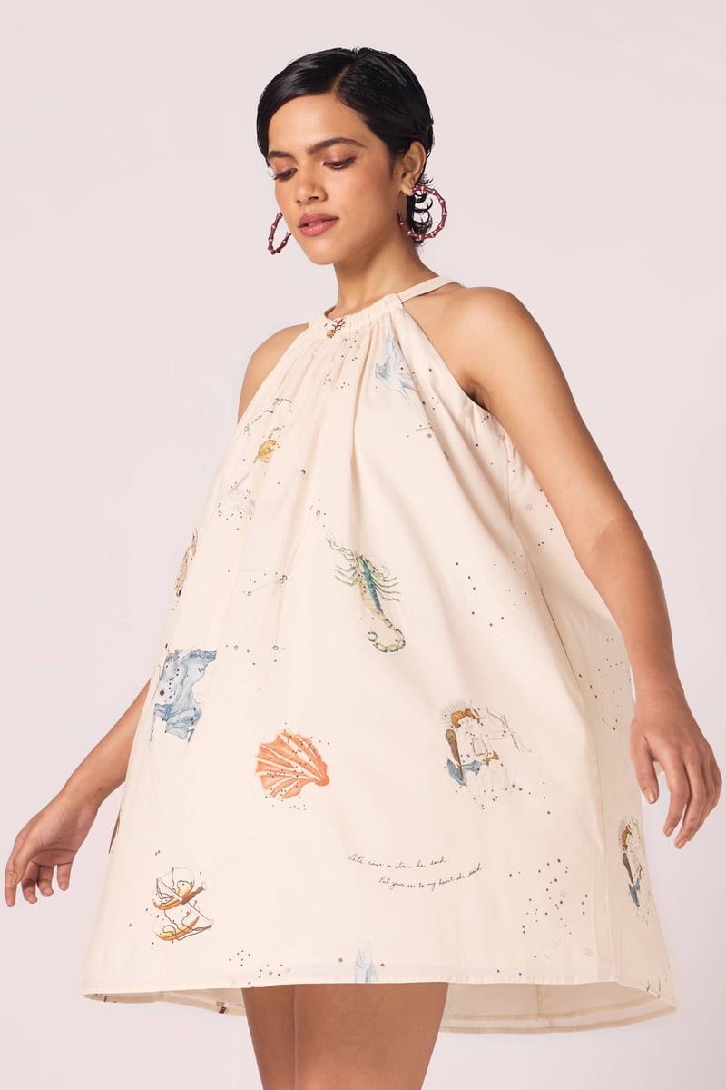 Beige Zodiac Print Halter Mini Dress with Bow-Tie Back