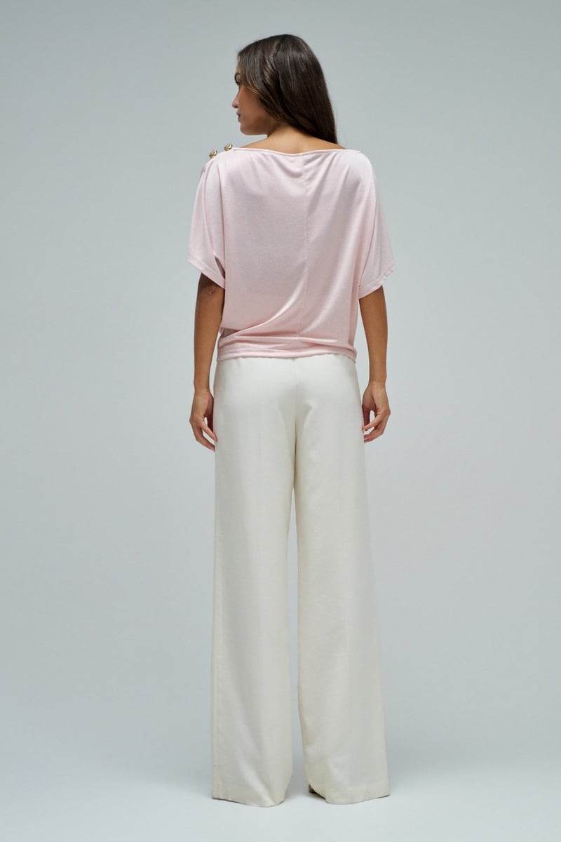 Light Pink Shiny Asymmetrical Boat Neck T-Shirt